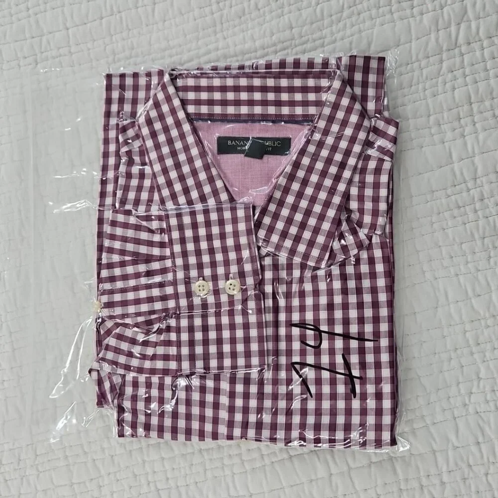 Banana Republic Shirt Men's XL Maroon Checked Non-Iron EUC LN Long Sleeves Slim‎